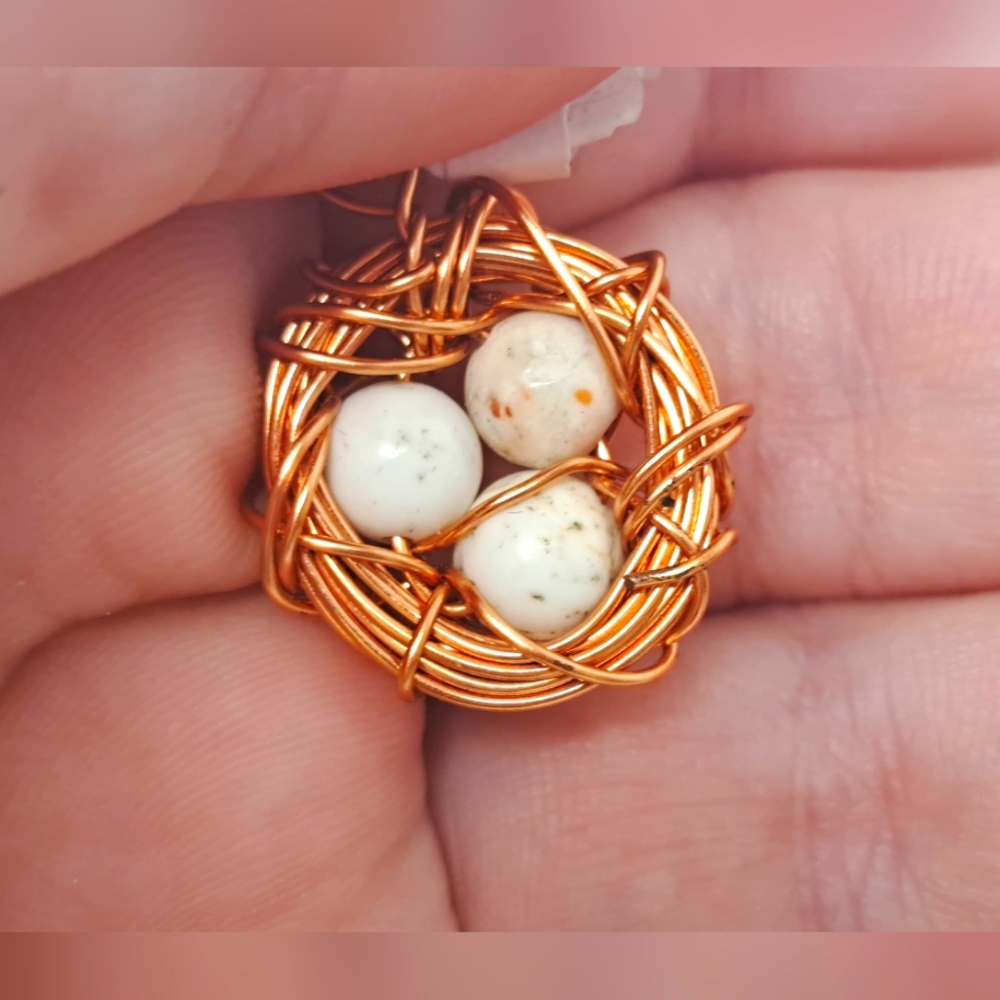 Copper Wire Wrapped Bird Nest With Eggs Pendant